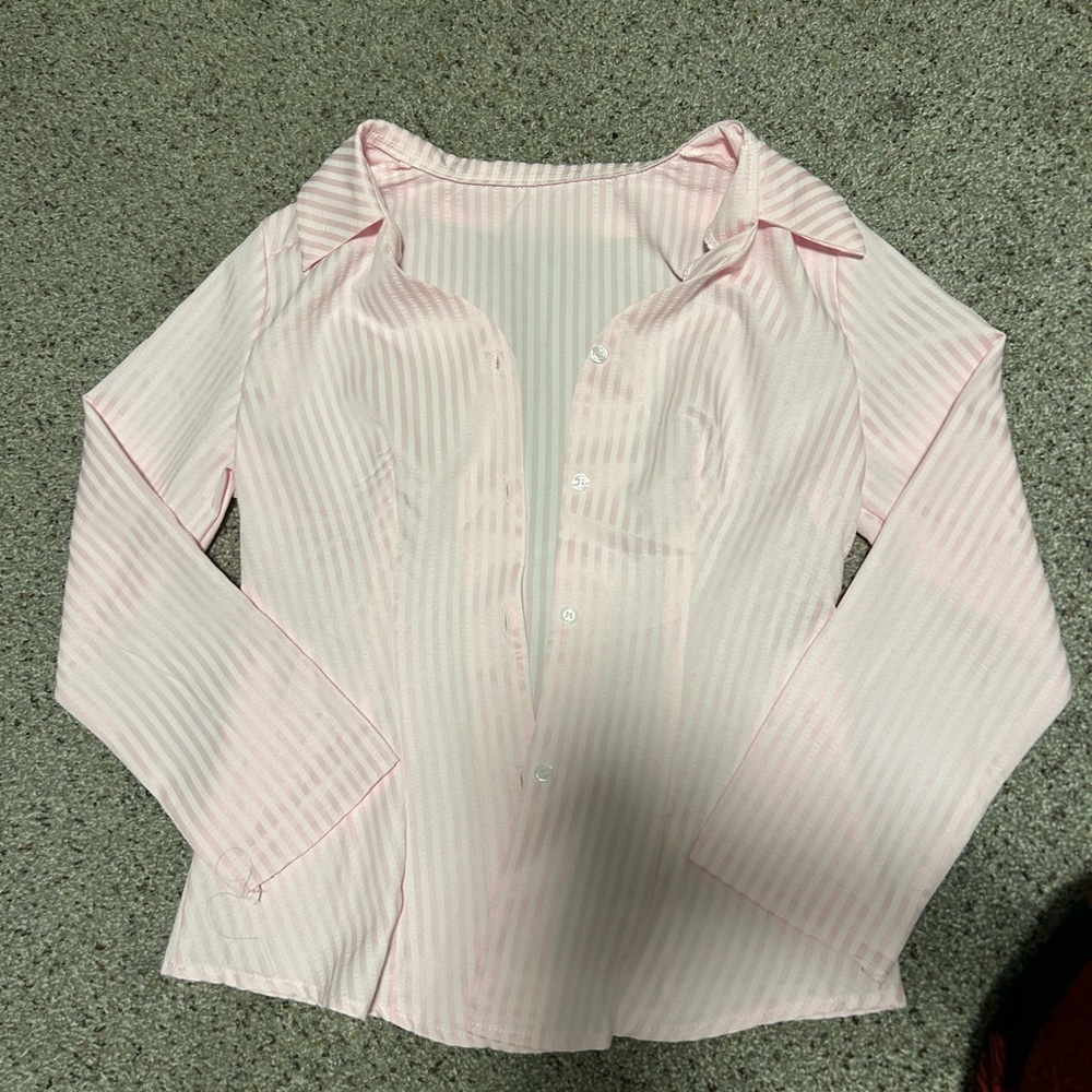 Pink and White Striped Button Up Long Sleeve Shirt
